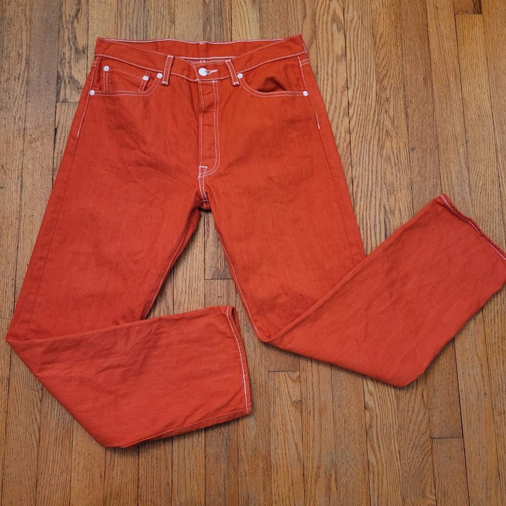 Levis 34x32 Jeans Orange Red Straight Leg White Contrast Stitch 501 Retro 90s